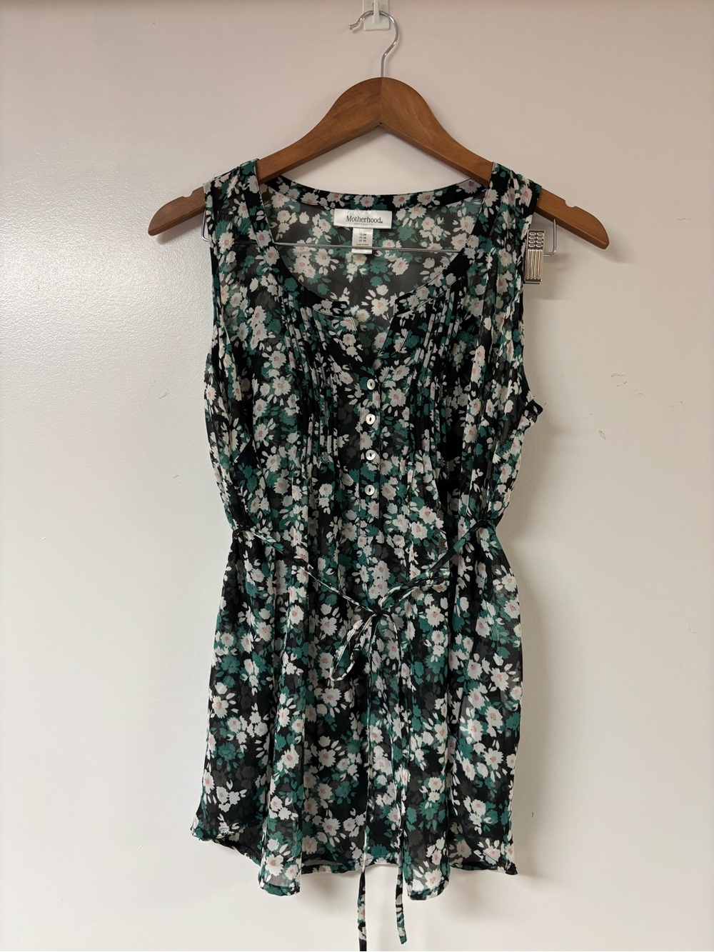 Motherhood Floral Sleeveless Tie-Waist Dress in Teal and Black